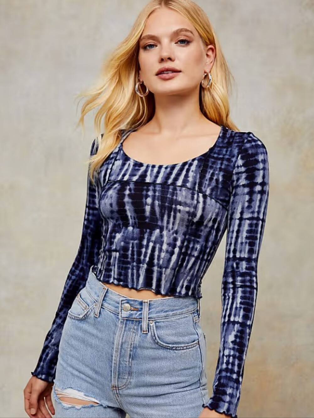 Topshop Long Sleeve Tie Dye Panel Y2K Lettuce Hem Crop Top in Indigo